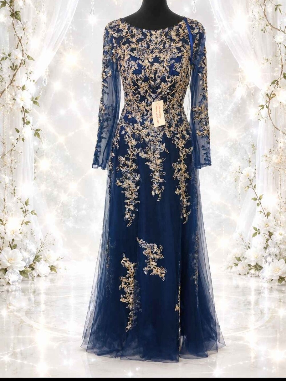 Richard Meier Navy Blue Long Sleeve Embroidered Gown